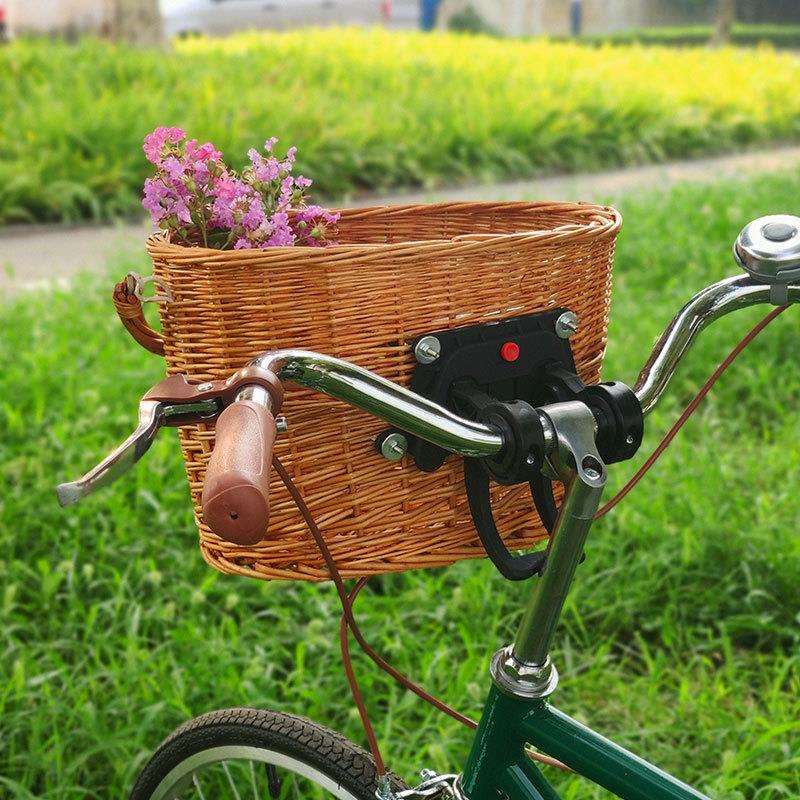 椭圆自行车车筐快拆藤编车篮收纳筐宠物筐柳编菜篮子手提