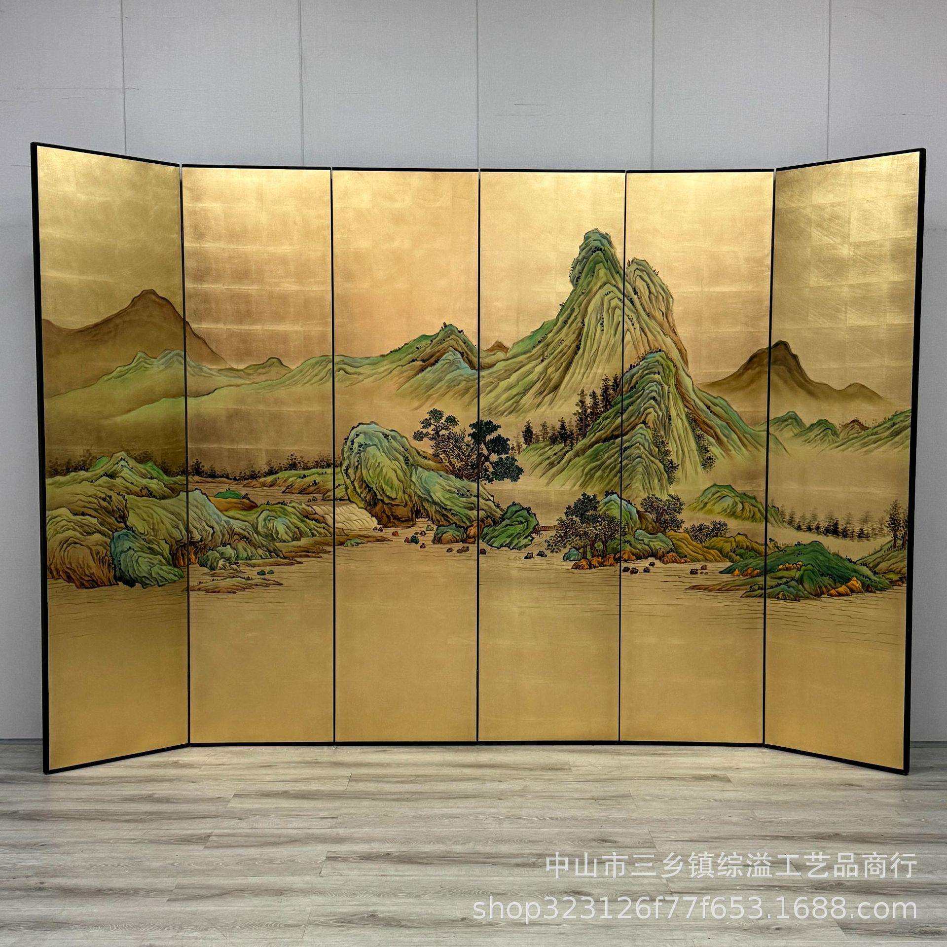 中式金箔屏风千里江山手绘山水图客厅会议室背景隔断移动折叠屏风