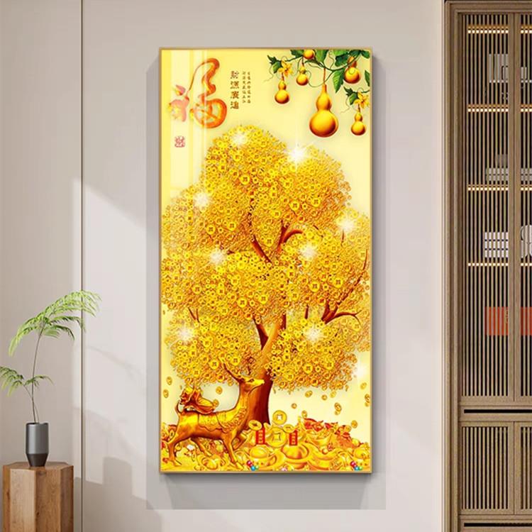 新中式发财树入户门玄关装饰画客厅招财走廊过道满地黄金墙壁挂画