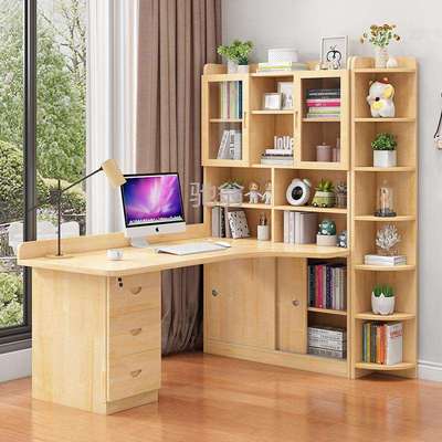 z%实木儿童转角书桌书架一体桌组合书柜写字桌学生家用小户型学习