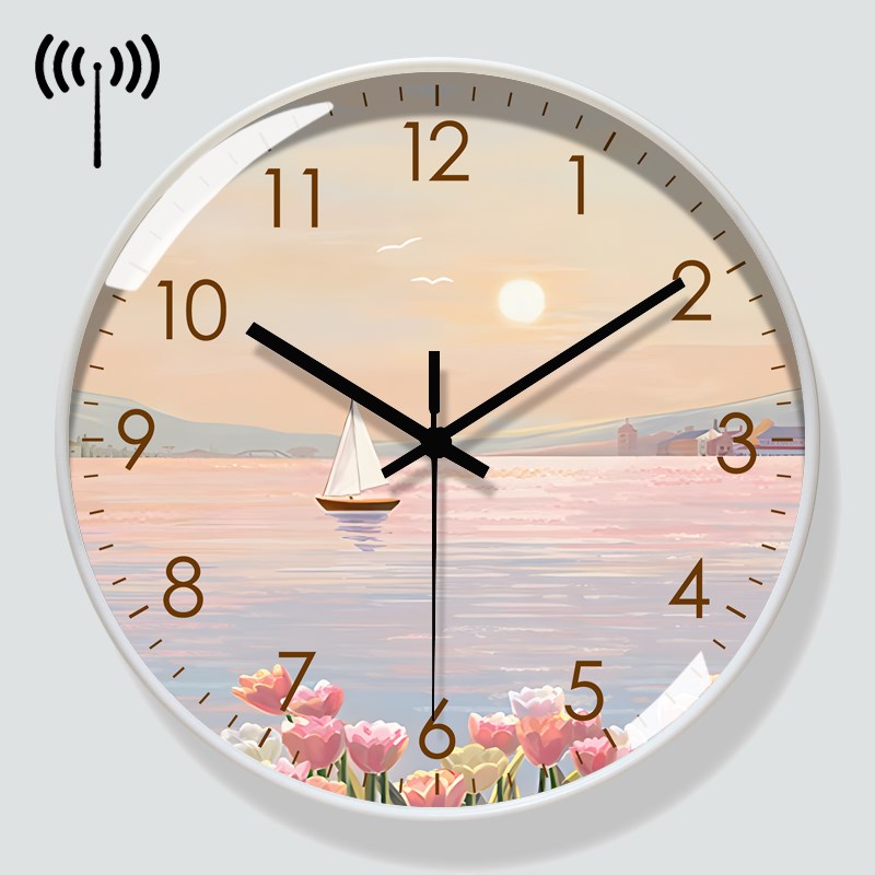 圆形唯美时钟风景日出挂钟客x厅家用帆船挂墙钟表超静音电波钟挂
