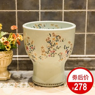 复古陶瓷拖把池艺术盆拖布池圆形一体式 拖把M池口径35cm裂纹花鸟