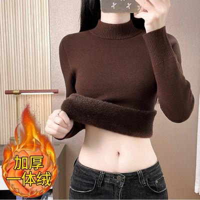 加绒毛衣女秋冬一体绒加厚针织打底衫半高领套头内搭舒适保暖上衣