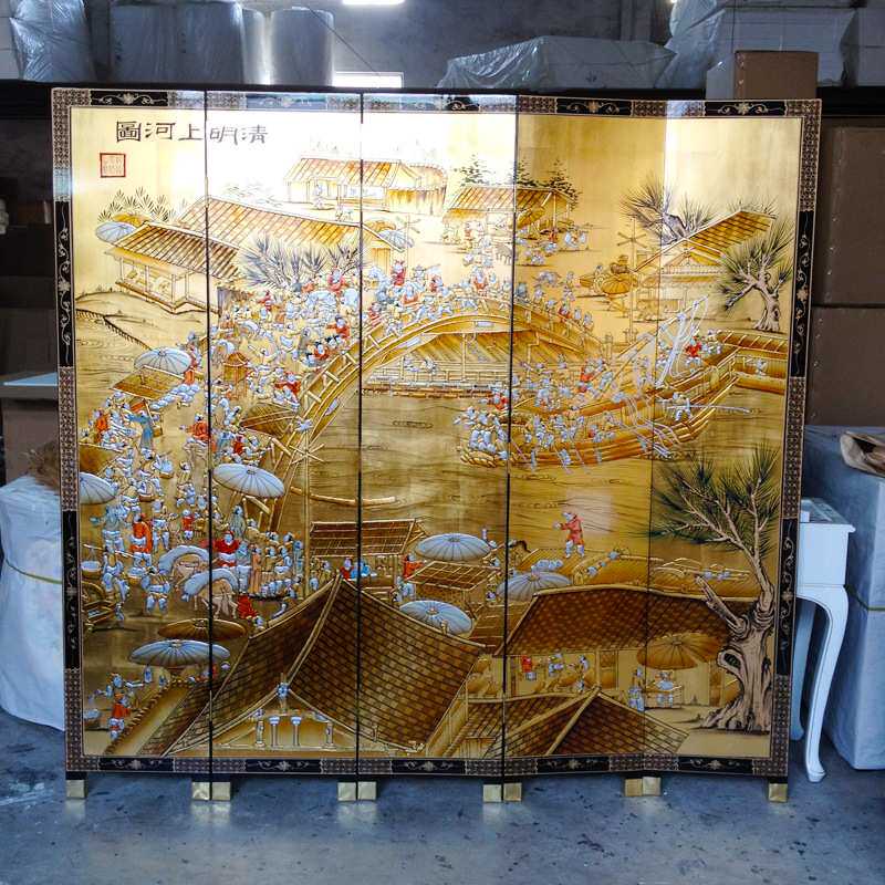 至高美金箔清明上河图屏风手工堆金彩绘明清古典家具直播背景墙