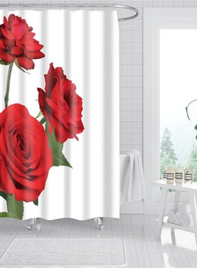 数码印花红色玫瑰花朵涤纶浴帘卫B生间洗澡干湿分离隔断帘浴室淋