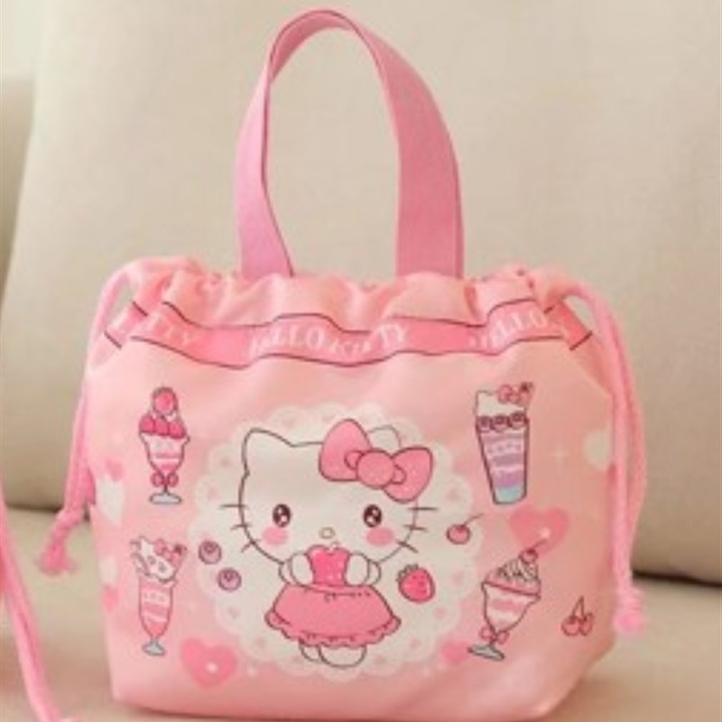 日系大容量卡通小拎包便当w包束口手提饭袋抽绳化妆便携式小包