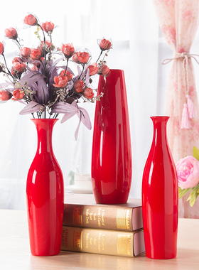 30cm红色花瓶 中国红喜庆w摆件 现代简约陶瓷工艺品客厅装饰小花