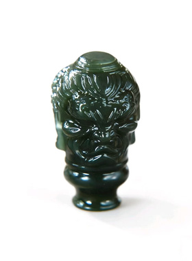 【一念之间】手工制作和田玉一体三通佛头塔青玉文玩配饰手串配件