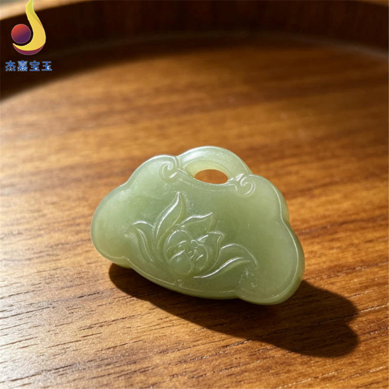 【好运连连】如意锁新疆和田玉莲花吊坠青玉项链玉锁男女带证书