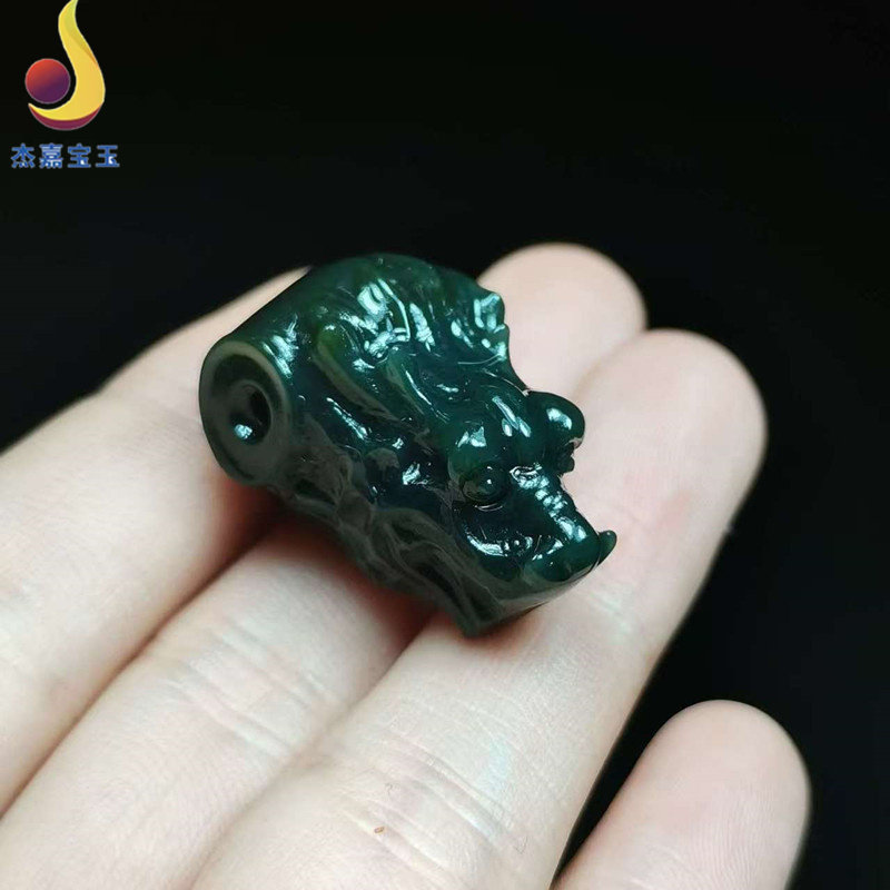 手工制作和田玉青玉龙头三通文玩生肖龙手链配饰男女带证书