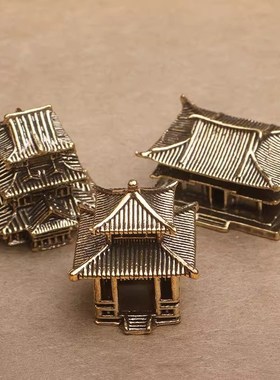 黄铜古楼客栈假i山鱼缸造景创意摆件书房办公室立体宫殿摆件工艺