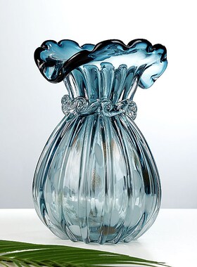 轻奢蓝色浪花琉璃花瓶客厅玄关D摆放钱袋子创意花器感插花摆件