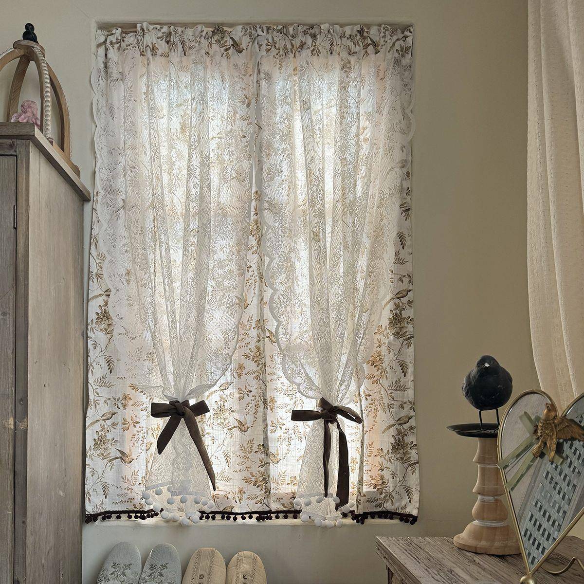 美式飞鸟双层门帘遮挡帘全棉透气挂钩轨道帘复古免打孔门帘粘贴