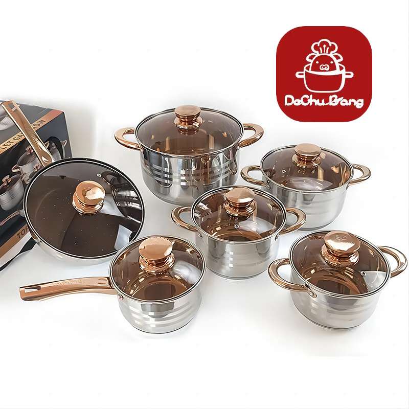 出口不锈钢十二件套锅复底不粘煎锅奶锅汤锅炊具套装cook wareset
