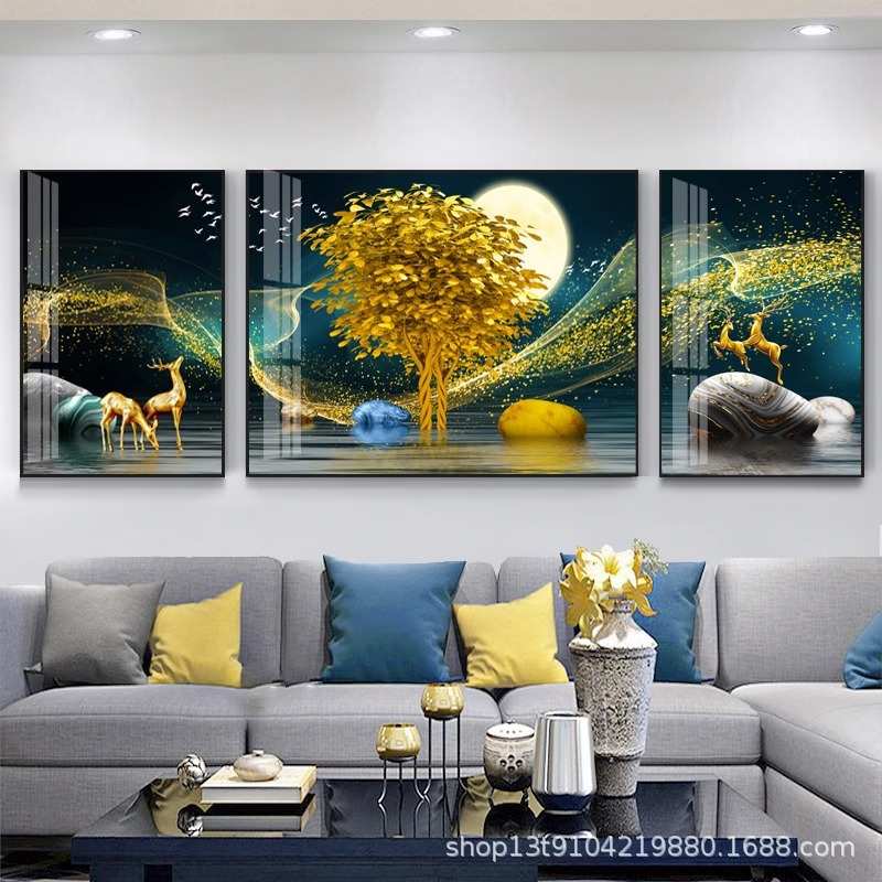 晶瓷画3d立体镶钻壁画客厅装饰画挂画现代简约沙发背景轻奢三联画