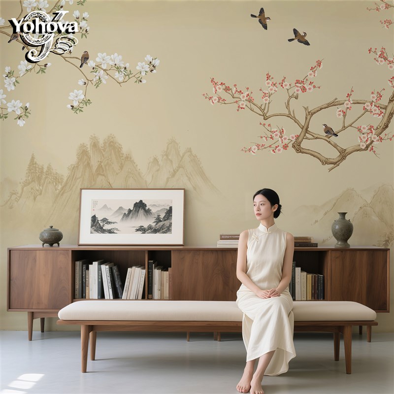卧室壁画新中式卧室壁布r电视背景墙纸花鸟山水风景墙布客厅定制