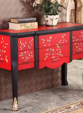 至高 美式乡村玄关柜高档两斗装饰柜橱窗柜手绘花鸟红色餐边柜