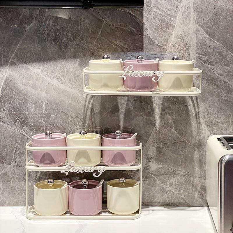 高端颜值陶瓷挂墙式调料盒套装组合家用盐佐瓶调味罐子厨房品收纳