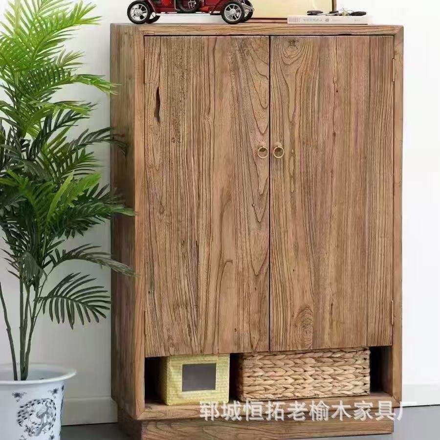 实木鞋柜入户玄关鞋架多层靠墙边柜复古老榆木鞋柜做旧收纳柜