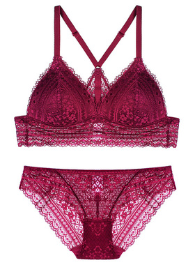 法式无钢圈Bralette三角杯Y字美背肩带蕾丝性感文胸套装酒红白色