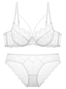 法式性感透明超薄蕾丝杯大胸显小夏日轻薄聚拢水滴绑带文胸白色