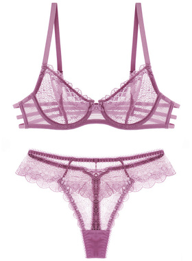 法式性感透明超薄蕾丝杯文胸中腰T裤复古抽绳腰围套装香芋紫色