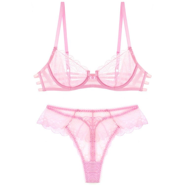 法式性感透明超薄蕾丝杯文胸中腰T裤复古抽绳腰围套装粉色