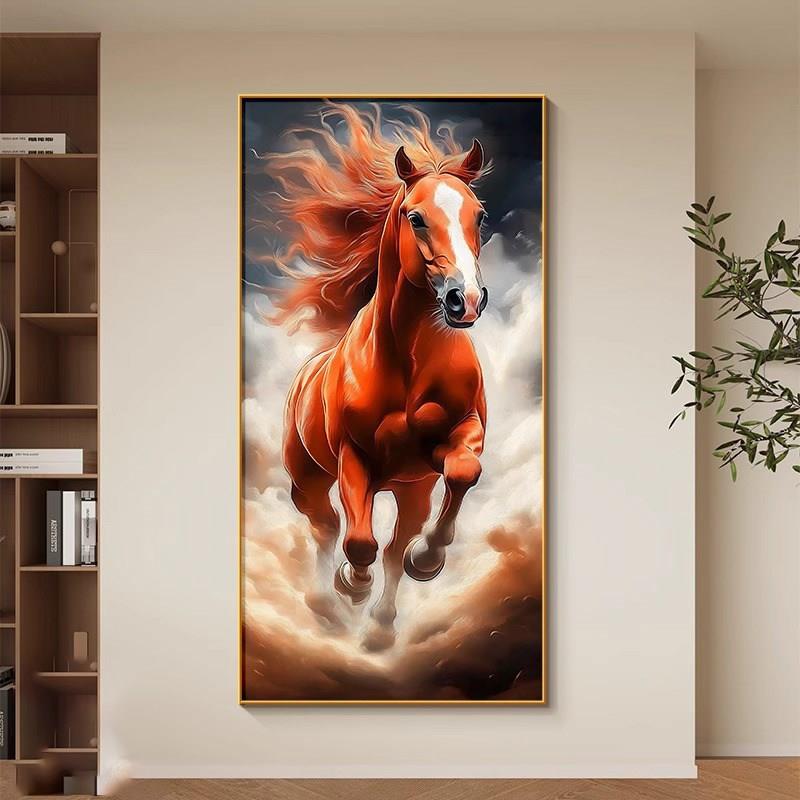 马到成功玄关装饰画现代简约客厅入户挂画走廊过道U竖版骏马图壁