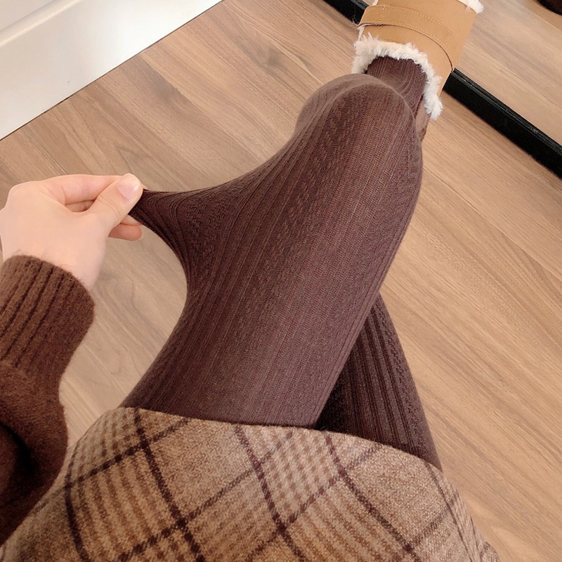 秋冬季咖啡色连裤袜女加厚保x暖烟灰色打底裤袜麻花纹米白色踩脚