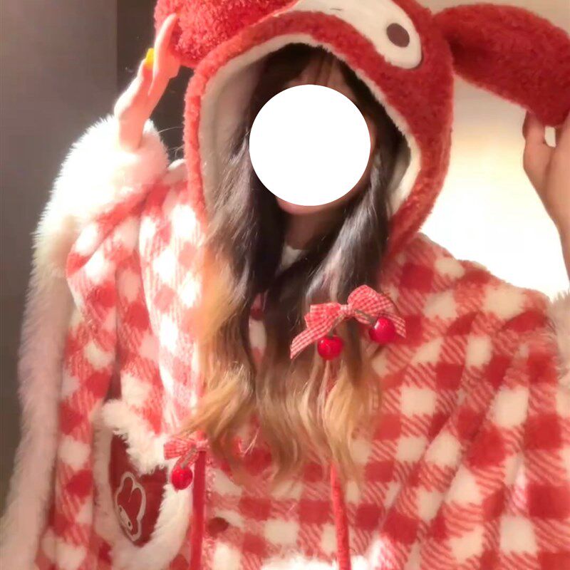 新款格纹红色斗篷女士家居服加绒保暖连帽斗篷披肩家居服