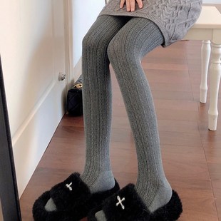 秋冬季加厚烟灰色连裤袜女深灰色保暖打底裤袜麻花纹米白色踩脚袜