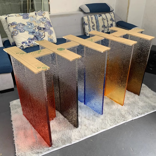 压克力厚板桌腿 透明渐层Tv形餐桌脚支架支撑腿茶色悬浮腿加工定