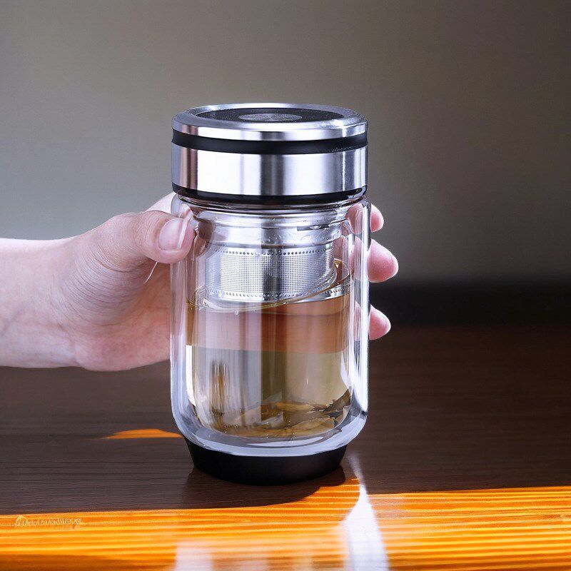 玻璃杯双层带盖矮胖超矮男士商务便携水杯高颜值隔V热透明玻璃茶