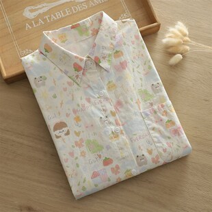 宽松大版 2024秋季 女长袖 小清新甜美全身印花纯棉衬衫 别致衬 新h款