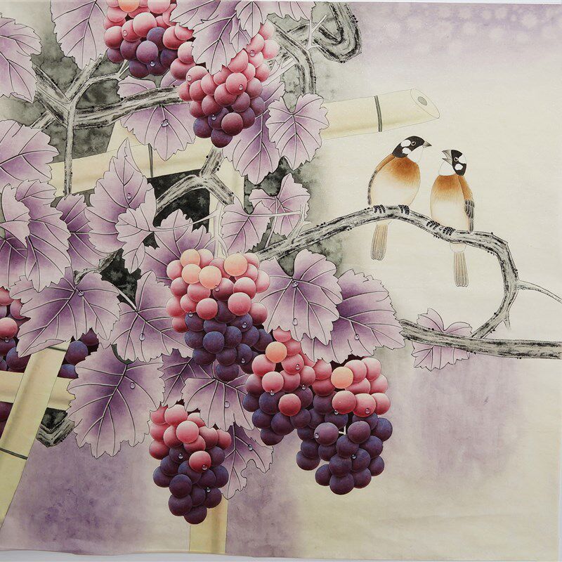 工笔画葡萄斗方国画手工精品手绘中式客厅字画无款画没题款z0008