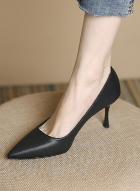 黑色法式高跟鞋女细跟中跟5厘米尖头3cm气质名媛夏工作X鞋7cm单鞋