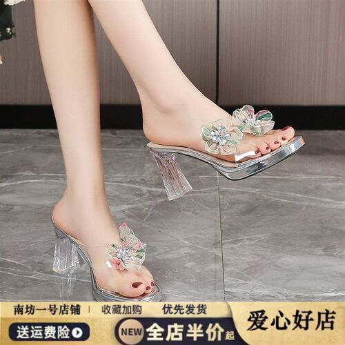 透明水钻花朵高跟鞋女防水台一字拖外穿2J024夏季新款水晶跟凉拖