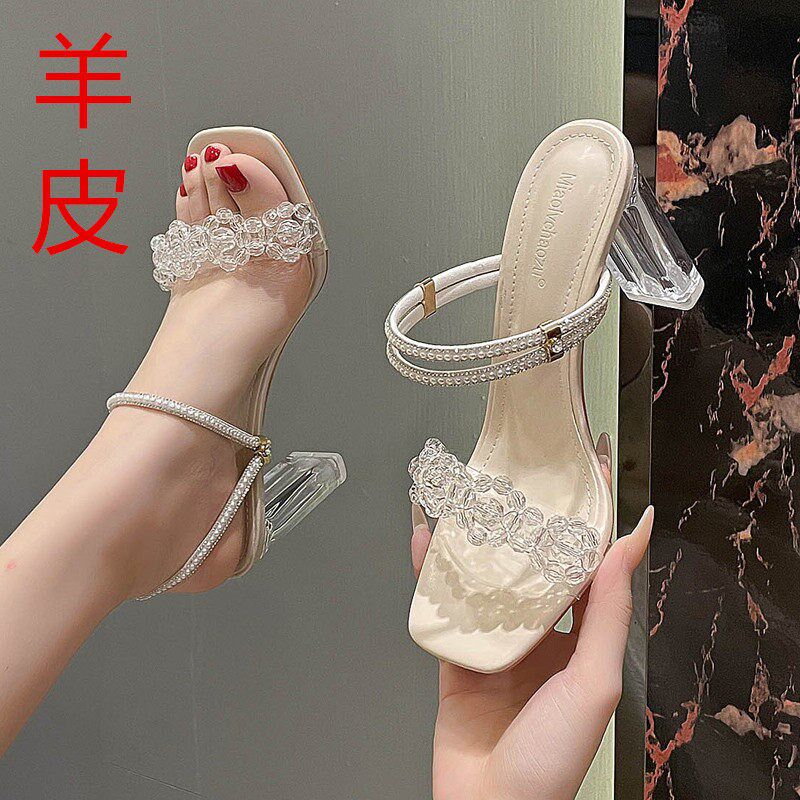 小码女鞋313233高跟水钻凉拖鞋女夏季两L穿透明水晶粗跟凉鞋女外