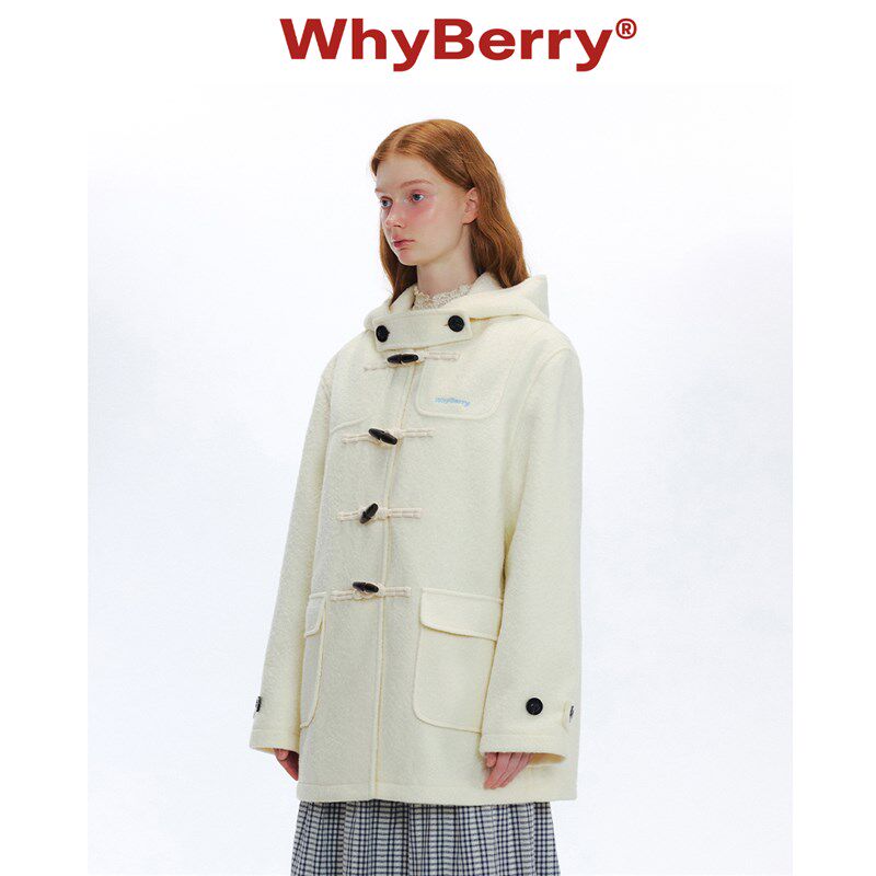 WhyBberry 24AW泡芙学院蓝色连帽毛呢大衣中长款秋冬宽松