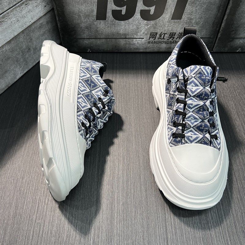 一脚蹬男鞋2024新款秋款透气板鞋潮流百搭布面厚底增高休闲运动鞋