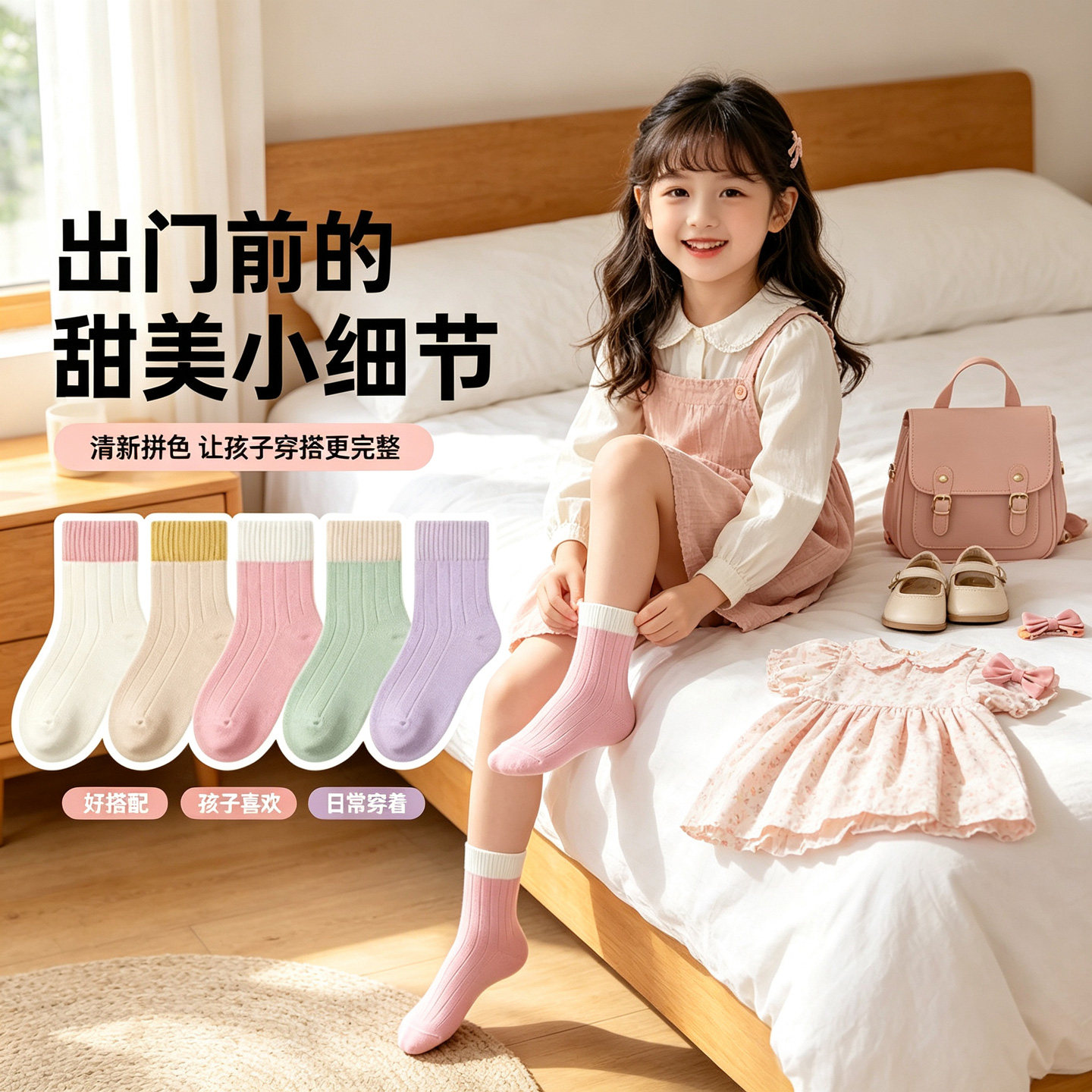 女童中筒袜薄款抗菌防臭拼色