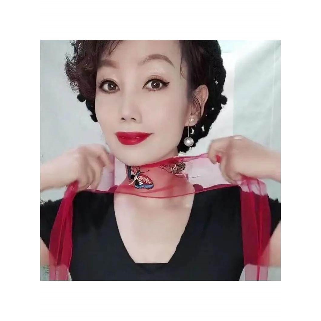 遮脖子疤痕的饰品蝴蝶丝巾长条巾网纱飘带刺绣蝴蝶护颈遮颈纹飘带