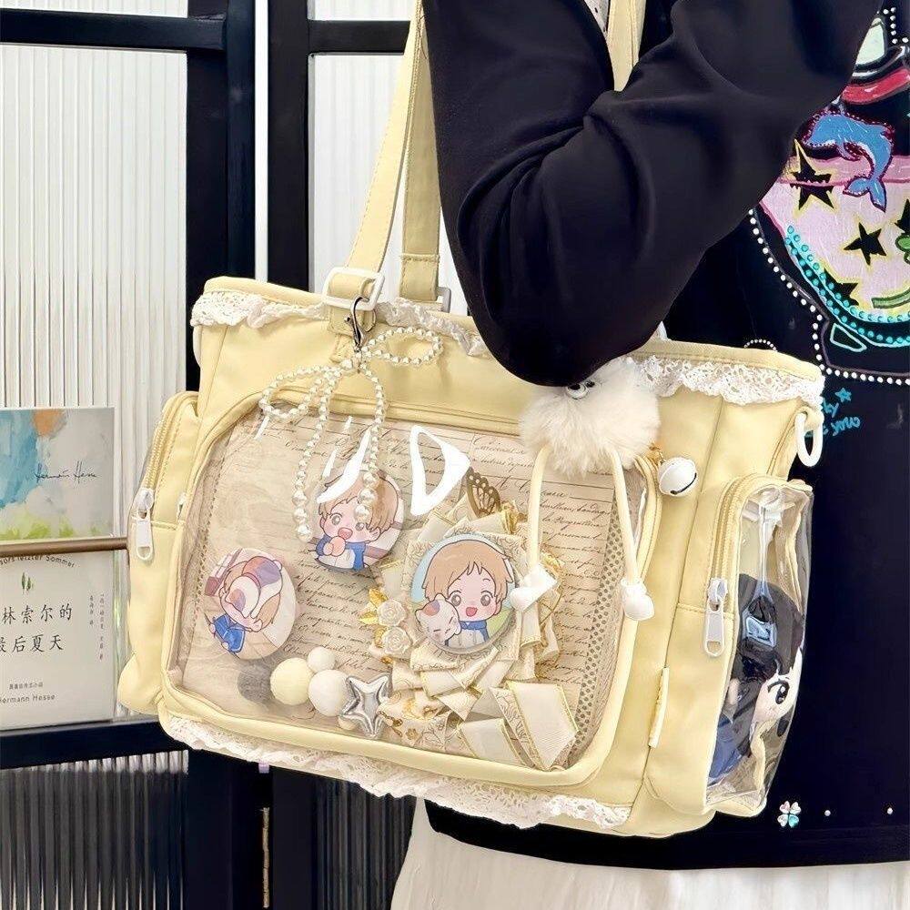 日系花边透明吧唧痛包二次元软妹单肩斜挎包女学生上课通勤托特包