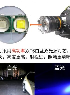 照63超亮感应漂变焦头戴式强光夜钓灯蓝光蓝白钓鱼灯T双头灯锂电