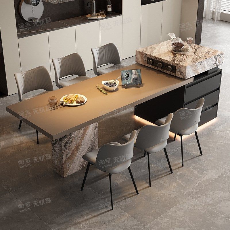 意式极简岩板中岛台餐桌一体小户型泡F茶桌家用吧台大别墅岩板桌