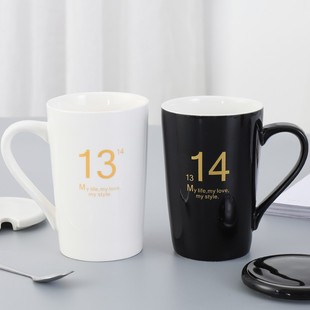 情侣杯子漱口杯杯子陶瓷创意简约情G侣款 杯一对喝水牛奶杯带盖勺