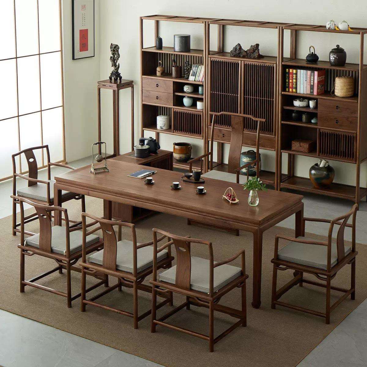 北美黑胡桃木茶桌禅意新中式全实木榫卯茶台家用明式马蹄桌椅组合