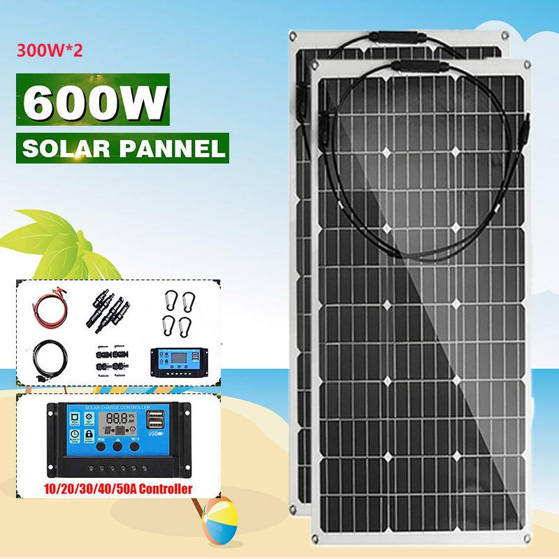 300W单晶硅柔性太阳能板组 光伏发电控制器线材套装 户外车船供电