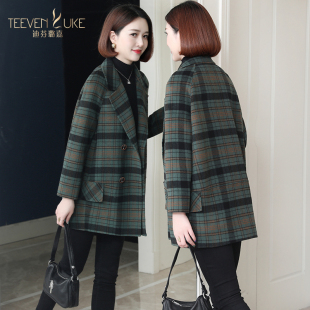 2023年秋冬新款 气质双面呢中老年妈妈羊毛大衣女流行格子毛呢外套