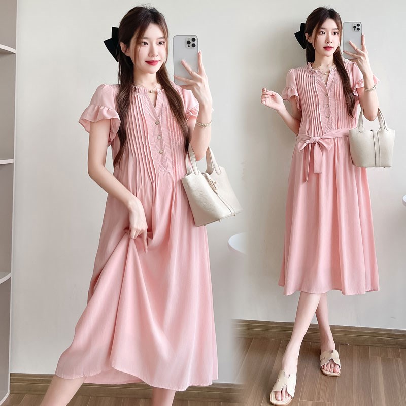 孕妇装夏装设计感褶皱短袖连衣裙小清新简约怀孕裙子夏季孕妇裙夏